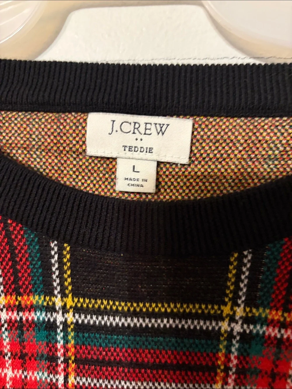 J. Crew: Teddie: Red and Black/yellow/green Plaid Crewneck Sweater. 💯 cotton. L